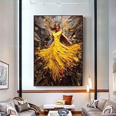 Handmade Oil Painting Canvas Wall Art Decoration Abstract Figure Portrait Dancing Girls in Yellow Dresses for Home Decor Rolled Frameless Unstretched Painting miniinthebox