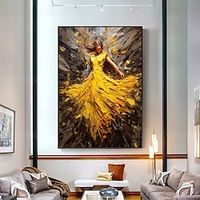 Handmade Oil Painting Canvas Wall Art Decoration Abstract Figure Portrait Dancing Girls in Yellow Dresses for Home Decor Rolled Frameless Unstretched Painting miniinthebox - thumbnail