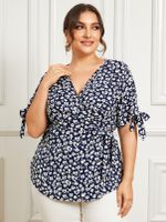 YOINS Plus Size V-neck Leopard Wrap Design Short Sleeves Blouse - thumbnail