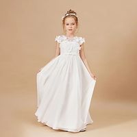 Kids Girls' Dress Plain Swing Dress Maxi Dress Wedding Lace Tulle Short Sleeve Cute Dress 4-13 Years Spring Beige White Lightinthebox - thumbnail