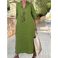 Women's Shirt Dress Casual Dress Cotton Linen Dress Maxi long Dress Linen Cotton Blend Basic Classic Outdoor Daily Vacation Split Neck Basic Long Sleeve Summer Spring 2023 Loose Fit Green Plain S M L Lightinthebox - thumbnail