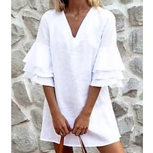 Women's A Line Dress Short Mini Dress White 34 Length Sleeve Solid Color Layered Ruched Spring Summer V Neck Casual Modern 2022 S M L XL 2XL 3XL Lightinthebox