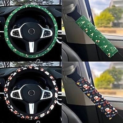 Christmas Santa Tree Printing Steering Wheel Cover Christmas Car Accessories Set With Seat Belt Shoulder Pads miniinthebox Christmas Santa Tree Printing Steering Wheel Cover Christmas Car Accessories Set With Seat Belt Shoulder Pads miniinthebox