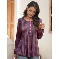 Women's Designer Shirt T shirt Tee Floral Red Blue Green Print Button Flowing tunic Long Sleeve Holiday Weekend Fashion Round Neck Regular Fit Spring   Fall Lightinthebox - thumbnail