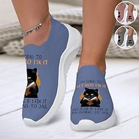 Women's Sneakers Slip-Ons Print Shoes Animal Print Plus Size Outdoor Daily Cat Slogan Flat Heel Fashion Casual Tissage Volant Pink Blue Gray Lightinthebox - thumbnail