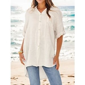 Women's Shirt Cotton Plain Beige Button Pocket Asymmetric Hem Long Sleeve Casual Going out Basic Modern Shirt Collar Regular Fit Spring   Fall Lightinthebox