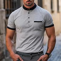 Men's Polo Shirt Golf Shirt Work Business Stand Collar Short Sleeve Fashion Basic Plain Button Summer Regular Fit Light Gray Polo Shirt Lightinthebox