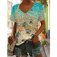 Women's T shirt Tee White Blue Ocean Print Short Sleeve Daily Weekend Basic V Neck Regular Painting S Lightinthebox - thumbnail