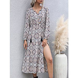 Women's Swing Dress Midi Dress Royal Blue Apricot Long Sleeve Print Spring Summer Casual 2021 S M L XL Lightinthebox