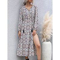 Women's Swing Dress Midi Dress Royal Blue Apricot Long Sleeve Print Spring Summer Casual 2021 S M L XL Lightinthebox - thumbnail