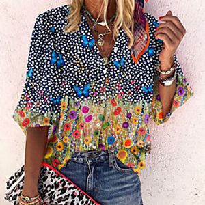Women's Floral Theme Butterfly Blouse Shirt Floral Butterfly Long Sleeve Button Print Shirt Collar Casual Streetwear Tops Blue Green Orange Lightinthebox