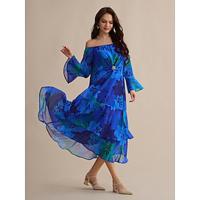 Chiffon Royal Blue Floral Off Shoulder Long Sleeve Maxi Dress
