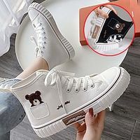 Women's Sneakers Boots Plus Size High Top Sneakers Outdoor Daily Booties Ankle Boots Embroidery Flat Heel Round Toe Sporty Casual Minimalism Running Walking Canvas Lace-up Solid Color Black  Beige Lightinthebox - thumbnail