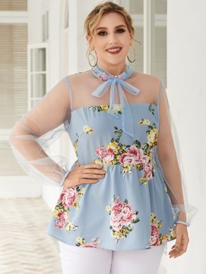 YOINS Plus Size Floral Print Tie-up Design Long Sleeves Blouse