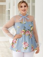YOINS Plus Size Floral Print Tie-up Design Long Sleeves Blouse - thumbnail