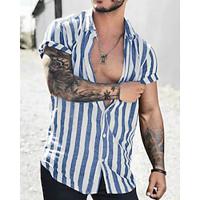 Men's Shirt Cotton Linen Shirt Casual Shirt Black Blue Green Short Sleeve Stripes Lapel Summer Casual Daily Clothing Apparel Lightinthebox