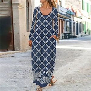 Women's Casual Dress Shift Dress Long Dress Maxi Dress Blue Long Sleeve Floral Geometric Pocket Print Winter Fall U Neck Vacation Casual Fall Dress 2022 S M L XL XXL 3XL 4XL 5XL 6XL / Winter Dress miniinthebox