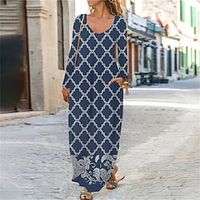 Women's Casual Dress Shift Dress Long Dress Maxi Dress Blue Long Sleeve Floral Geometric Pocket Print Winter Fall U Neck Vacation Casual Fall Dress 2022 S M L XL XXL 3XL 4XL 5XL 6XL / Winter Dress miniinthebox - thumbnail