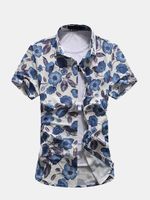 Plus Size Casual Fashion Beach Soft Slim Floral Printing Short Sleeve Dress Shirts for Men
