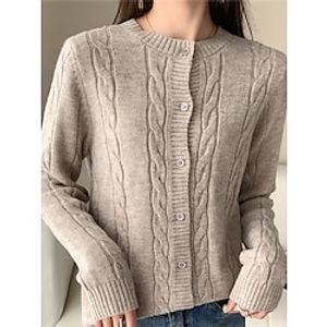 Women's Cardigan Sweater Jacket Crew Neck Cable Knit Polyester Button Knitted Fall Winter Regular Outdoor Daily Going out Fashion Streetwear Casual Long Sleeve Solid Color off white Black Camel S M L miniinthebox