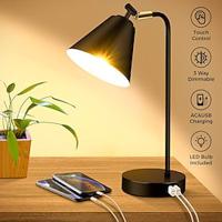 Industrial Dimmable Desk Lamp with 2 USB Charging Ports AC Outlet, Touch Control Bedside Nightstand Reading Lamp Flexible Head, Black Metal Table Lamp for Bedroom Office Living Room, Bulb Included Lightinthebox