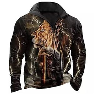 Men's Zip Up Sweatshirt Pullover Black Half Zip Lion Graphic Prints Zipper Print Daily Sports 3D Print Basic Designer Casual Spring   Fall Clothing Apparel Knight Hoodies Sweatshirts  Lightinthebox