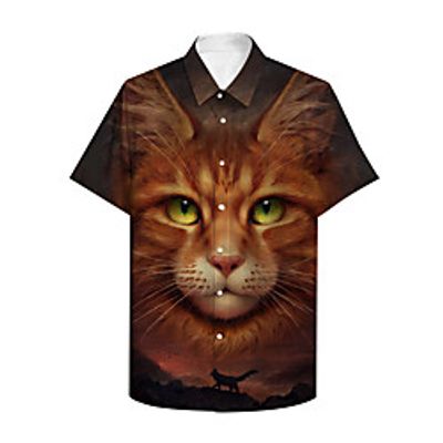 Men's Shirt 3D Print Cat Graphic Prints Animal Button-Down Print Short Sleeve Daily Tops Casual Designer Big and Tall Orange miniinthebox
