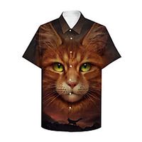 Men's Shirt 3D Print Cat Graphic Prints Animal Button-Down Print Short Sleeve Daily Tops Casual Designer Big and Tall Orange miniinthebox - thumbnail