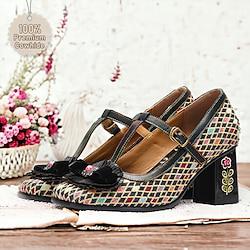 Women's Heels Pumps Retro Handmade Shoes Vintage Shoes Wedding Party Floral Flower Block Heel Fantasy Heel Round Toe Elegant Vintage Leather T-Strap Black Lightinthebox