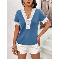 Shirt Blouse Women's Wine Blue Purple Plain Lace Button Street Daily Fashion V Neck Regular Fit S Lightinthebox