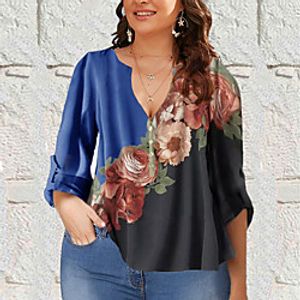 Women's Plus Size Tops Shirt Florals Half Sleeve V Neck Blue Yellow Light Purple Big Size L XL XXL 3XL 4XL Lightinthebox