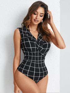 YOINS Plaid Wrap Design Notch Collar Sleeveless Bodysuit