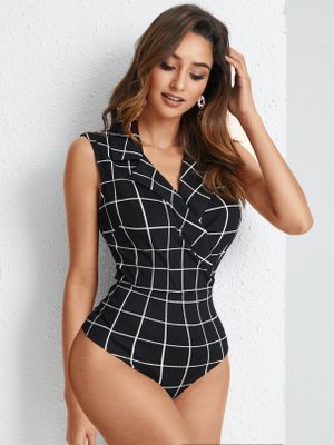 YOINS Plaid Wrap Design Notch Collar Sleeveless Bodysuit