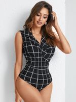 YOINS Plaid Wrap Design Notch Collar Sleeveless Bodysuit - thumbnail