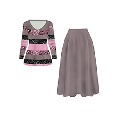 Women's Two Piece Dress Set Casual Dress Skirt Set Outdoor Daily Fashion Streetwear Print Midi Dress V Neck Long Sleeve Stripe Regular Fit Yellow Pink Blue Fall Winter S M L XL XXL Lightinthebox