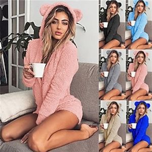 Women's Plus Size Warm Gift Pajamas Onesies Jumpsuits Home Party Valentine's Day Pure Color Fleece Plush Simple Soft Fall Winter Spring Hoodie Long Sleeve Short Pant Zipper miniinthebox
