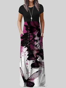Round Neck Patch Pocket Floral Printed Maxi Dress