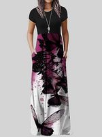 Round Neck Patch Pocket Floral Printed Maxi Dress - thumbnail