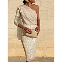Sheath  Column Cocktail Dresses Sparkle  Shine Dress Wedding Guest Knee Length 34 Length Sleeve One Shoulder African American Sequined with Glitter Ruched 2023 Lightinthebox - thumbnail