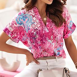 Women's Shirt Blouse Floral Vacation Going out Print Pink Short Sleeve Casual V Neck Summer Lightinthebox