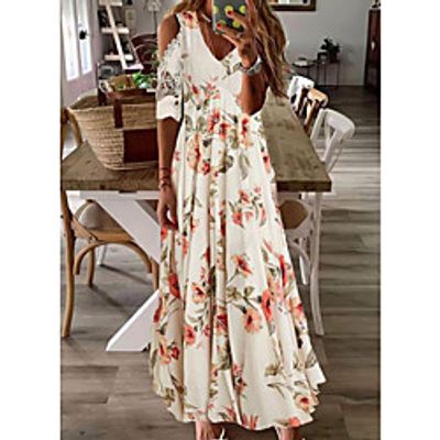 Women's A Line Dress Maxi long Dress White Short Sleeve Floral Cold Shoulder Print Spring Summer V Neck Elegant Casual Holiday 2021 S M L XL XXL miniinthebox