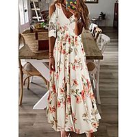 Women's A Line Dress Maxi long Dress White Short Sleeve Floral Cold Shoulder Print Spring Summer V Neck Elegant Casual Holiday 2021 S M L XL XXL miniinthebox - thumbnail