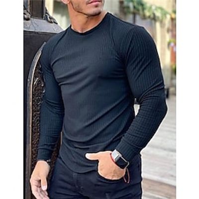 Men's T shirt Tee Knit Tee Tee Top Long Sleeve Shirt Plain Pit Strip Crew Neck Street Vacation Long Sleeve Knitted Clothing Apparel Fashion Designer Basic Lightinthebox