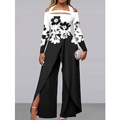 Women's Jumpsuit Print Floral Off Shoulder Elegant Party Holiday Wide Leg Regular Fit Long Sleeve Black Camel Gray S M L All Seasons Lightinthebox