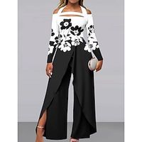 Women's Jumpsuit Print Floral Off Shoulder Elegant Party Holiday Wide Leg Regular Fit Long Sleeve Black Camel Gray S M L All Seasons Lightinthebox - thumbnail