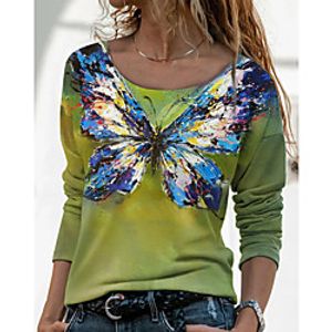 Women's Butterfly Painting T shirt Butterfly Animal Long Sleeve Print Round Neck Basic Tops Blue Orange Lightinthebox