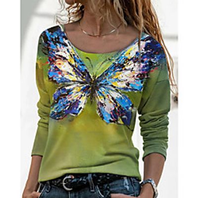 Women's Butterfly Painting T shirt Butterfly Animal Long Sleeve Print Round Neck Basic Tops Blue Orange Lightinthebox