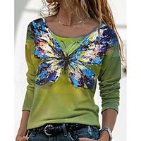 Women's Butterfly Painting T shirt Butterfly Animal Long Sleeve Print Round Neck Basic Tops Blue Orange Lightinthebox - thumbnail