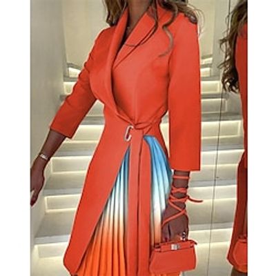 Women's Casual Dress Swing Dress Midi Dress Pink Orange White 34 Length Sleeve Color Block Lace up Winter Fall Autumn Shirt Collar Modern 2022 S M L XL 2XL Lightinthebox