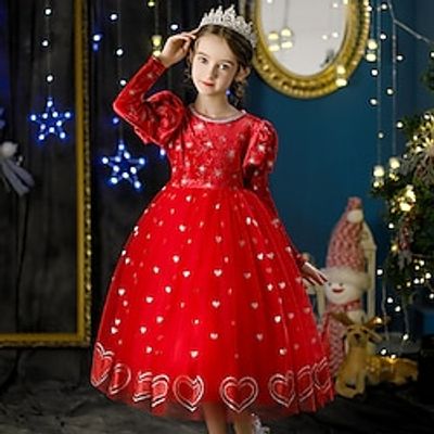 Kids Girls' Party Dress Solid Color Long Sleeve Performance Christmas Gifts Sequins Princess Beautiful Cotton Maxi Party Dress Fall Winter 3-10 Years Red Lightinthebox